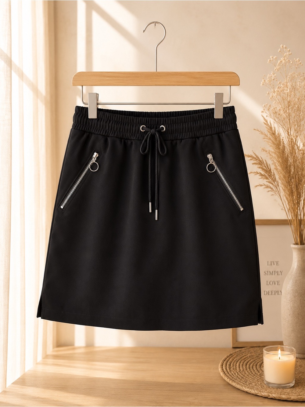 Casual Black Drawstring  panty Skirt with Zip Pockets